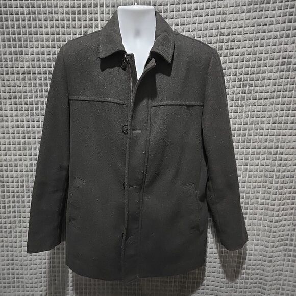 Dockers Long Insulated Overcoat Mens SzM FullZip Button Charcoal Wool Blend Cozy - Picture 1 of 16